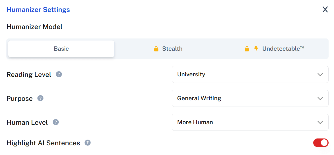 undetectable ai custom options