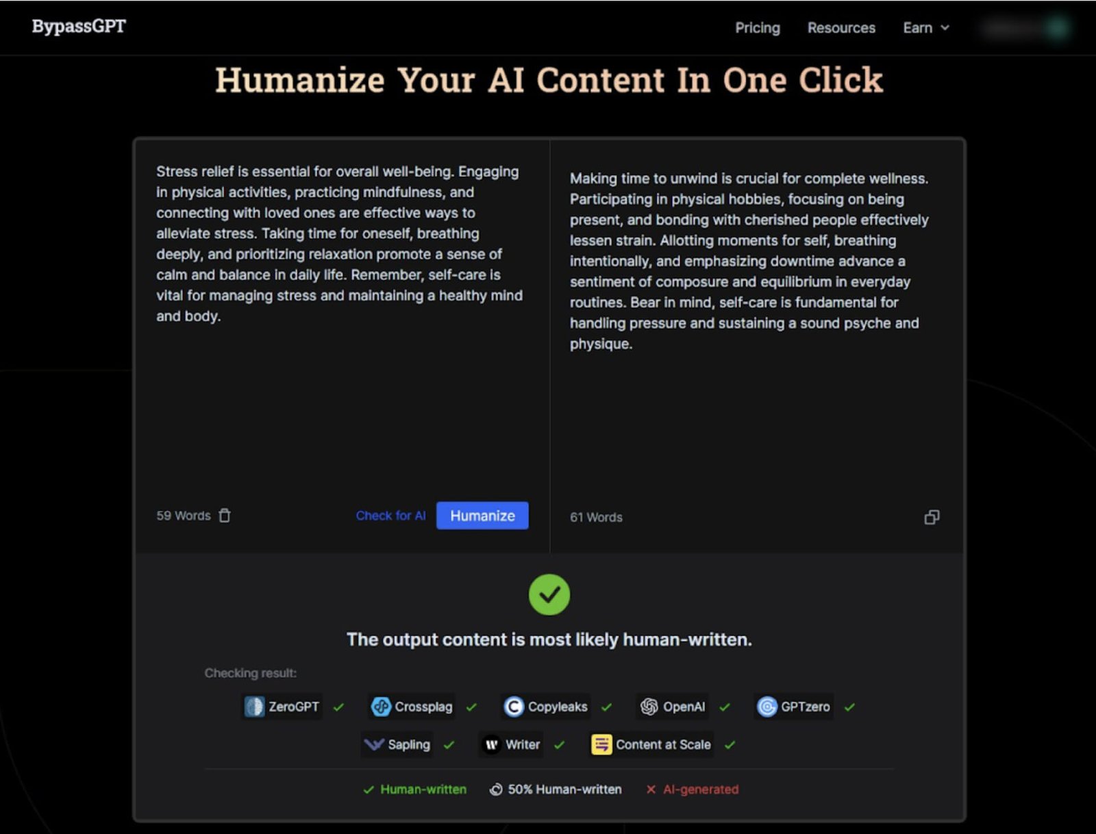 See the effectiveness of BypassGPT with the text we just used:
